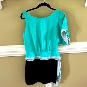 Max and Cleo black and teal color block one shoulder dress XS